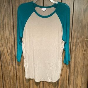 LuLaRoe Tan and Teal ‘Randy’ (3/4 sleeves) Top